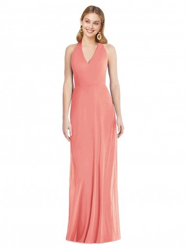 Cheapest V-Neck Halter Chiffon Maxi Formal Bridesmaid Dress Open Back UK