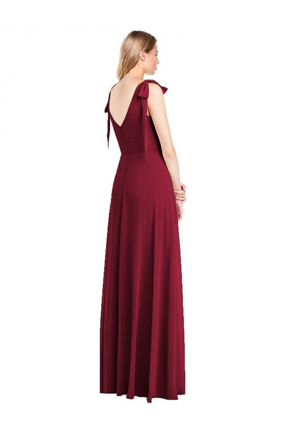 Cheapest Full Length Bow-Shoulder V-Back Chiffon Bridesmaid Dress with Front Slit UK