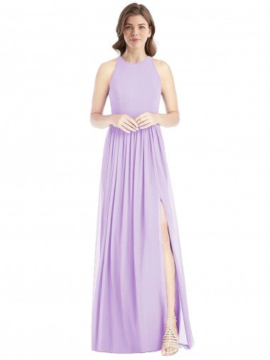 Cheapest Shirred Skirt Jewel Neck Halter Chiffon Bridesmaid Dress with Front Slit UK