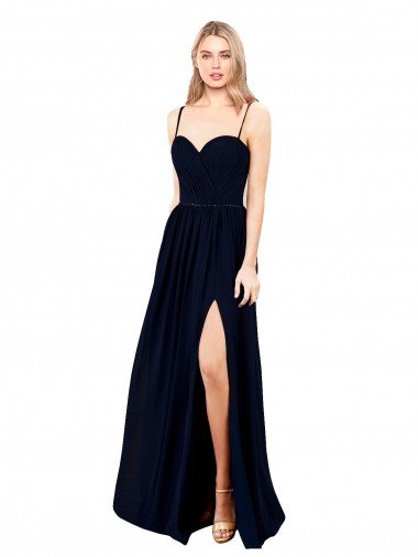 Cheapest Draped A-Line Chiffon Formal Bridesmaid Dress with Spaghetti Straps and High Slit UK