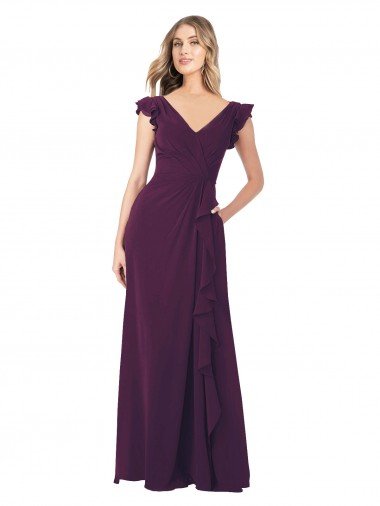 Cheapest Ruffle Cap Sleeves Long Chiffon Bridesmaid Dress UK