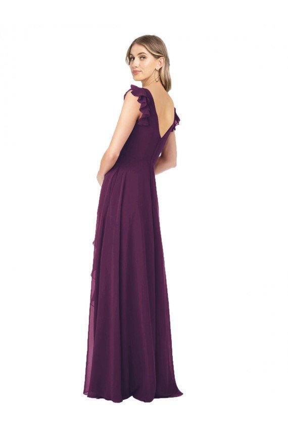 Cheapest Ruffle Cap Sleeves Long Chiffon Bridesmaid Dress UK