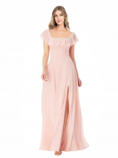 Cheapest Flutter Cap Sleeves Square Neck Ruffle Chiffon Bridesmaid Dress UK