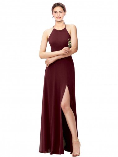 Cheapest Slim Long High Halter Neck Chiffon Bridesmaid Dress with High Side Slit UK