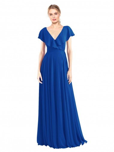 Cheapest V-Neck A-Line Flutter Sleeves Long Chiffon Wrap Style Bridesmaid Dress UK