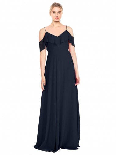 Cheapest Draped Sleeves Flounce Neckline Long Chiffon Bridesmaid Dress with Spaghetti Straps UK