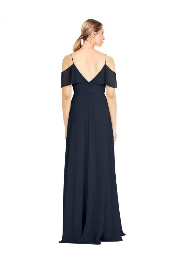 Cheapest Draped Sleeves Flounce Neckline Long Chiffon Bridesmaid Dress with Spaghetti Straps UK