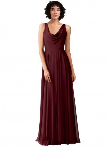 Cheapest Draped Cowl Neck Long Chiffon Bridesmaid Dress with Wide Straps UK