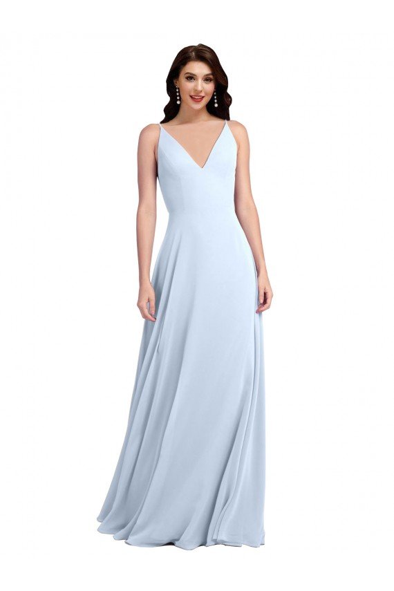 Cheapest Long Floor Length V-Neck Chiffon Bridesmaid Dress with Keyhole Back UK