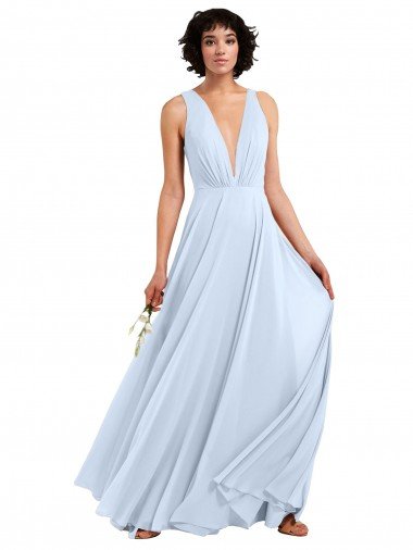 Cheapest Daring Plunging V-Neck Long Chiffon Bridesmaid Dress with Pleated Bodice UK