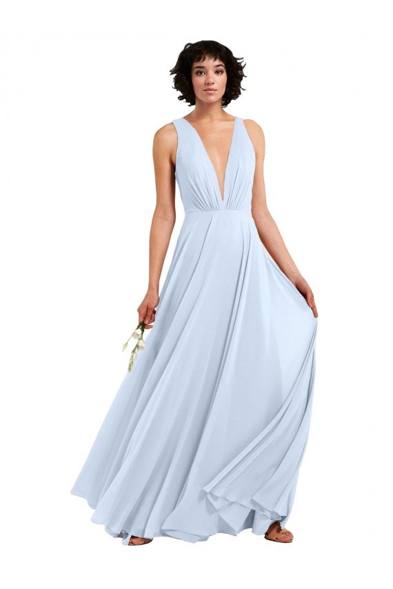 Cheapest Daring Plunging V-Neck Long Chiffon Bridesmaid Dress with Pleated Bodice UK