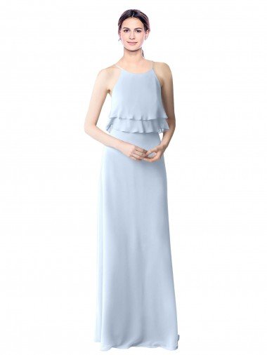 Cheapest High Narrow Neck Long Chiffon Bridesmaid Dress with Tiered Ruffles UK