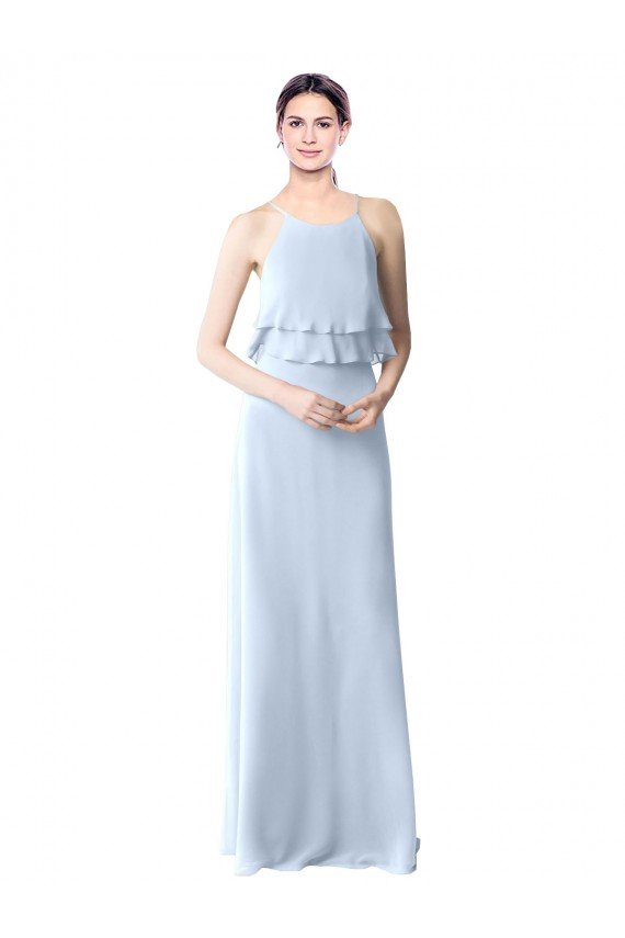 Cheapest High Narrow Neck Long Chiffon Bridesmaid Dress with Tiered Ruffles UK