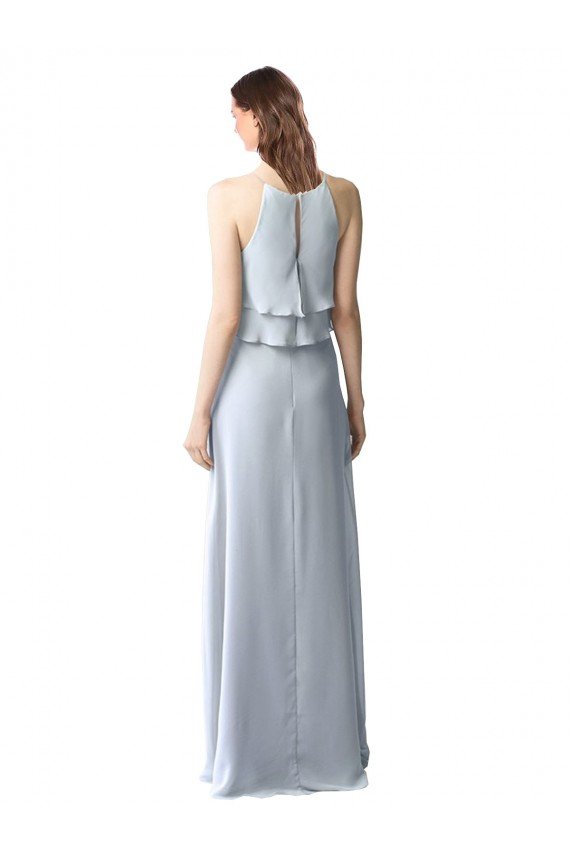 Cheapest High Narrow Neck Long Chiffon Bridesmaid Dress with Tiered Ruffles UK