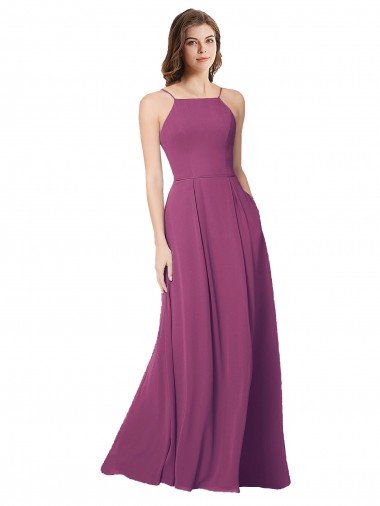 Cheapest Halter Neck Long Pleated Chiffon Bridesmaid Dress with Pockets UK