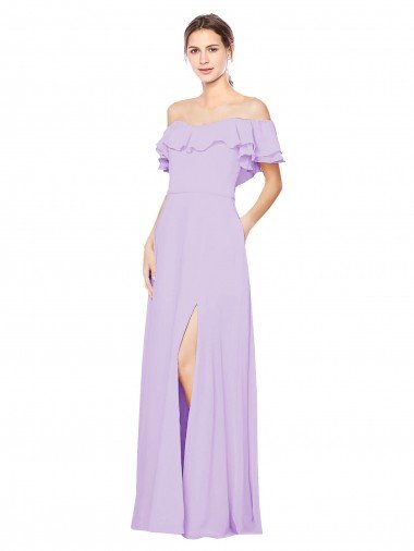 Cheapest Ruffled Off the Shoulder Long Chiffon Bridesmaid Dress with Slit UK