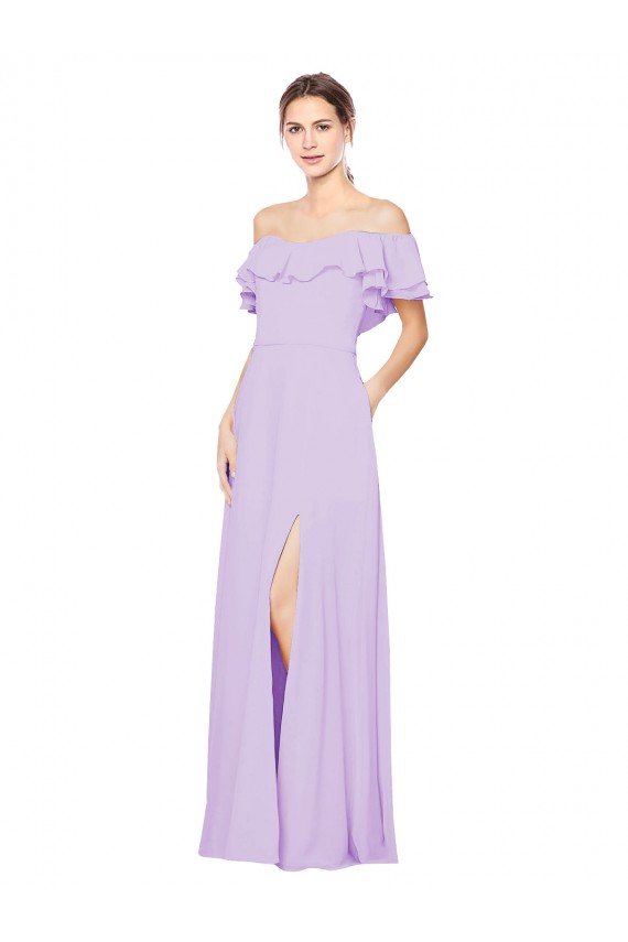 Cheapest Ruffled Off the Shoulder Long Chiffon Bridesmaid Dress with Slit UK