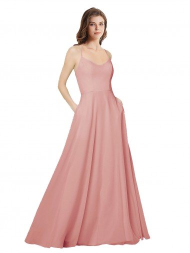 Cheapest Open Back Wide Tie Band Long Chiffon Bridesmaid Dress with Pockets UK