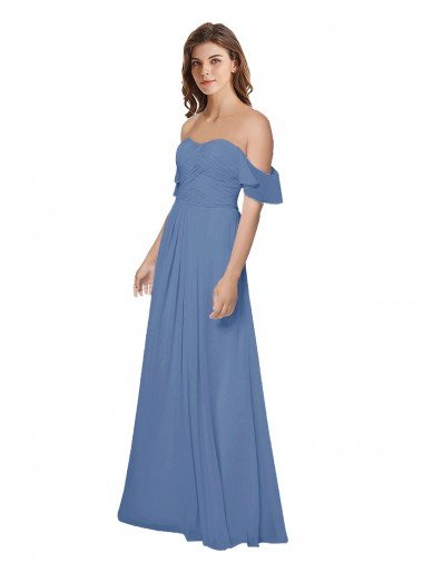 Cheapest Flutter Sleeves Scoop Neck Off the Shoulder Long Chiffon Bridesmaid Dress UK