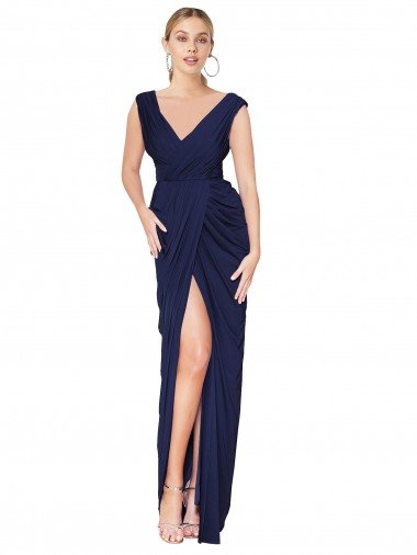 Cheapest Draped V-Neck Long Chiffon Bridesmaid Dress / Formal Prom Dress with Front Slit UK