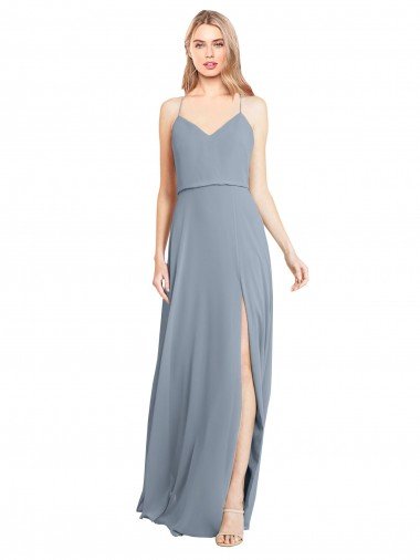 Cheapest Spaghetti Straps V-Neckline Long Chiffon Bridesmaid Dress with High Slit UK