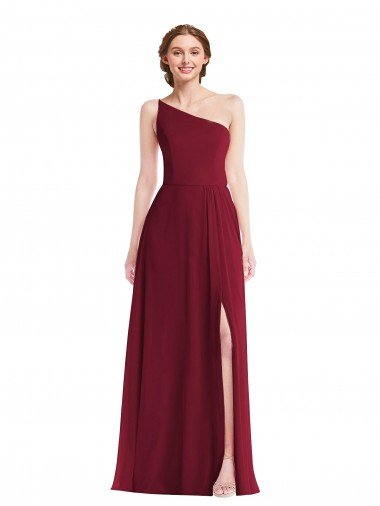 Cheapest One Shoulder Chiffon Maxi Bridesmaid Dress with Shirred Front Slit UK