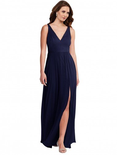 Cheapest Deep V-Neck Chiffon Maxi Bridesmaid Dress with Front Slit UK