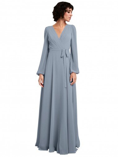 Cheapest Wrap Style Long Sleeves Chiffon Bridesmaid Dress with Pleated Bodice UK