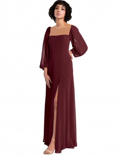 Cheapest Sheer Long Sleeves Chiffon Bridesmaid Dress with High Slit UK