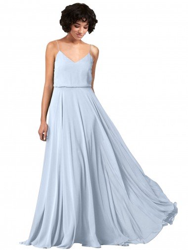 Cheapest V-Neck Blouson Waist Long Chiffon Bridesmaid Dress with Straps UK