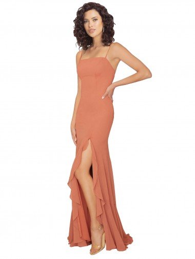 Cheapest Chiffon Square Neck Bridesmaid Dress with Ruffled Skirt Slit UK