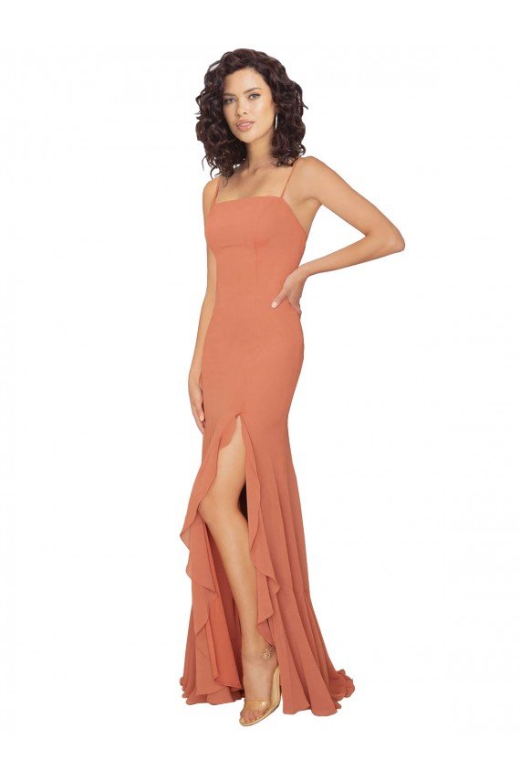 Cheapest Chiffon Square Neck Bridesmaid Dress with Ruffled Skirt Slit UK