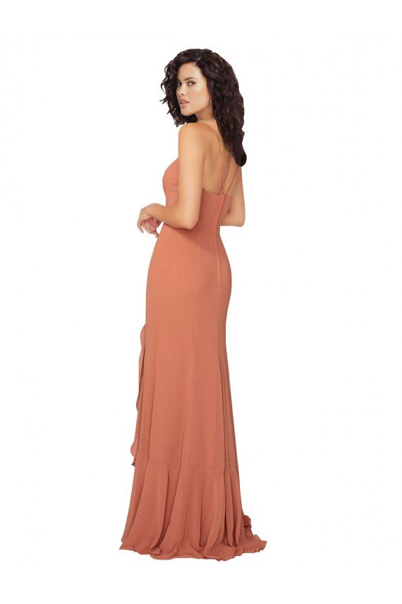 Cheapest Chiffon Square Neck Bridesmaid Dress with Ruffled Skirt Slit UK