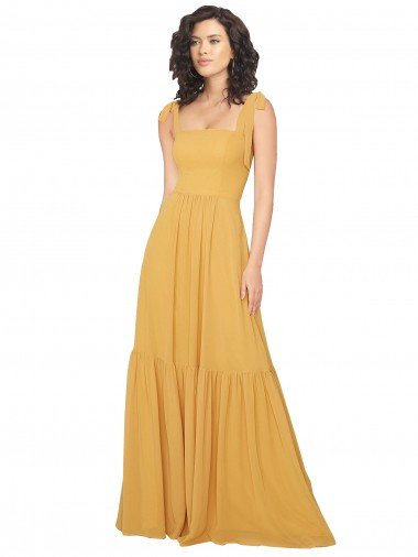 Cheapest Tied Strap Square Neck Long Chiffon Bridesmaid Dress UK