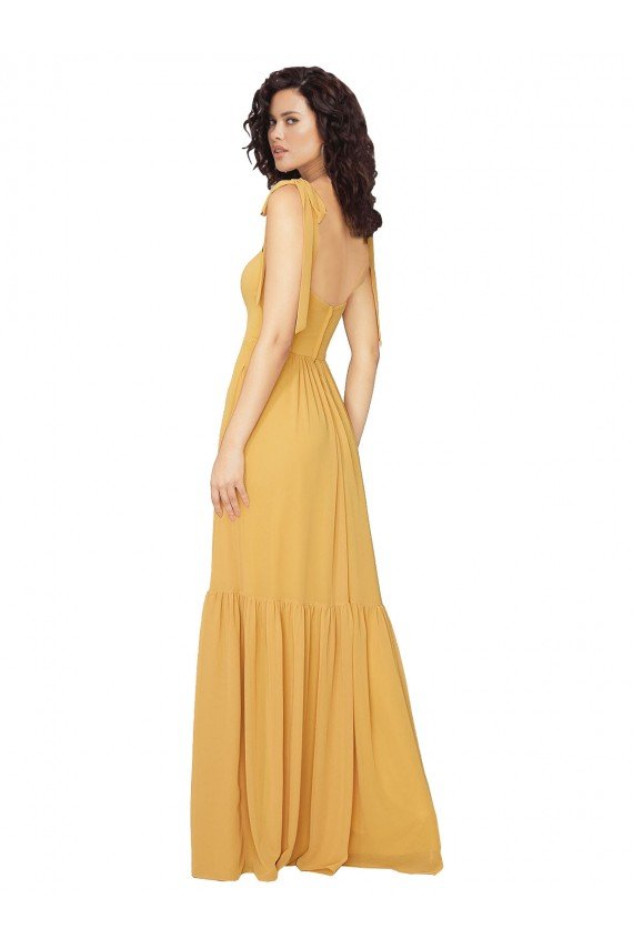 Cheapest Tied Strap Square Neck Long Chiffon Bridesmaid Dress UK