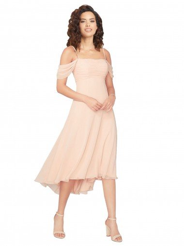 Cheapest Cold Shoulder Midi Length Short Chiffon Bridesmaid Dress UK