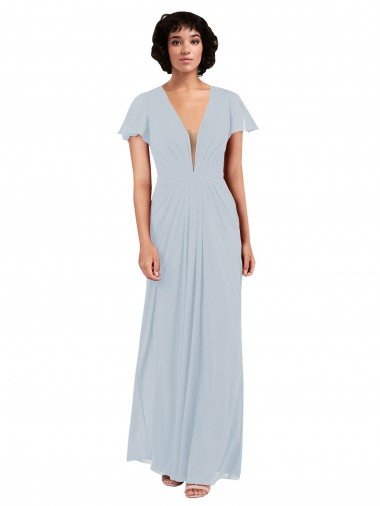 Cheapest Deep V-Neckline Chiffon Bridesmaid Dress with Flutter Sleeves UK