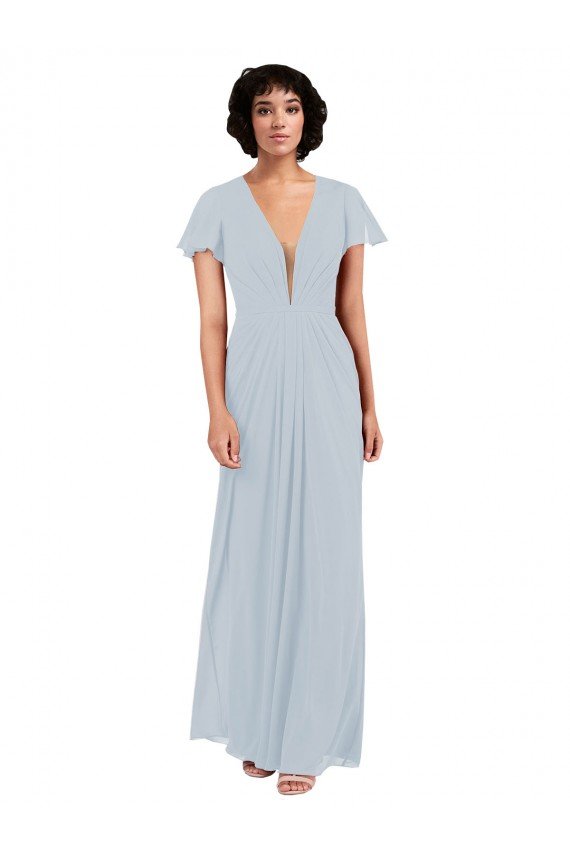 Cheapest Deep V-Neckline Chiffon Bridesmaid Dress with Flutter Sleeves UK