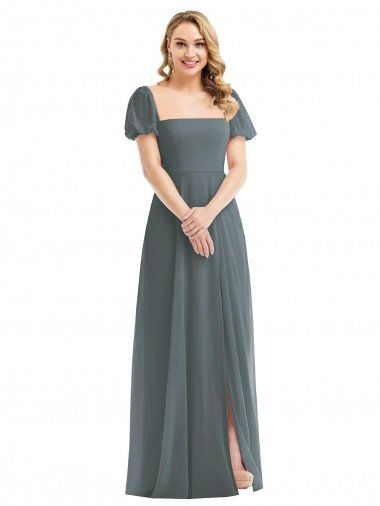 Cheapest Puff Sleeves Chiffon Maxi Bridesmaid Dress with Front Slit UK