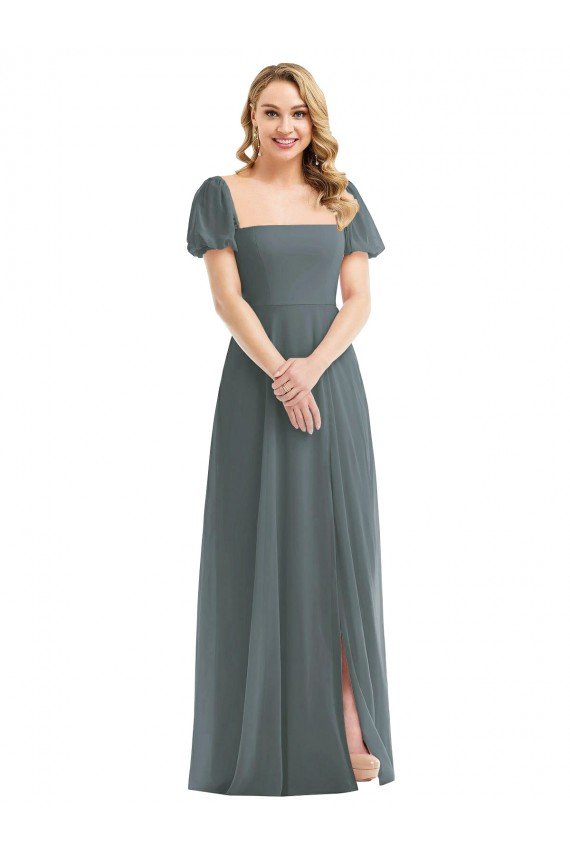 Cheapest Puff Sleeves Chiffon Maxi Bridesmaid Dress with Front Slit UK