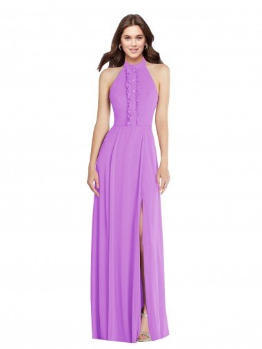 Cheapest Halter Backless Maxi Formal Bridesmaid Dress with Button Ruffle Placket UK