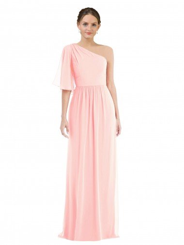 Cheapest One Shoulder Bell Sleeves Chiffon Maxi Bridesmaid Dress UK