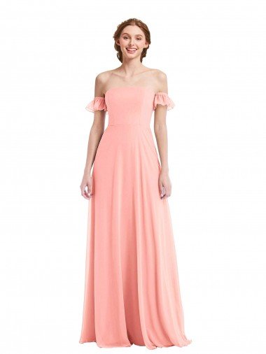 Cheapest Off the Shoulder Ruffle Cuff Sleeve Chiffon Maxi Bridesmaid Dress UK