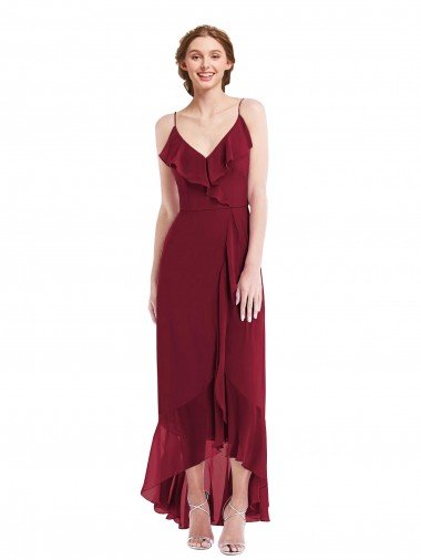 Cheapest Ruffle Trimmed V-Neck High Low Wrap Chiffon Bridesmaid Dress UK