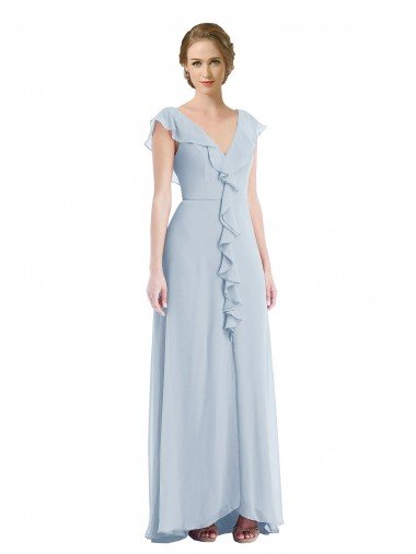 Cheapest Ruffle Trimmed V Back Chiffon Maxi Bridesmaid Dress UK