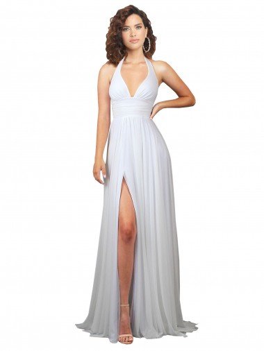 Cheapest Simple Halter Plunge V-Neckline Chiffon Beach Wedding Dress with High Leg Split UK