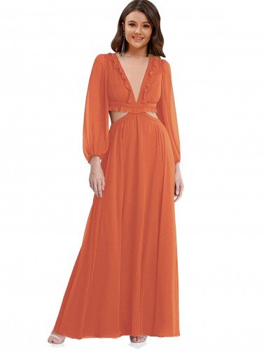 Cheapest High Low Ruffled Long Chiffon Cutout Bishop Sleeves Maxi Bridesmaid Dress UK