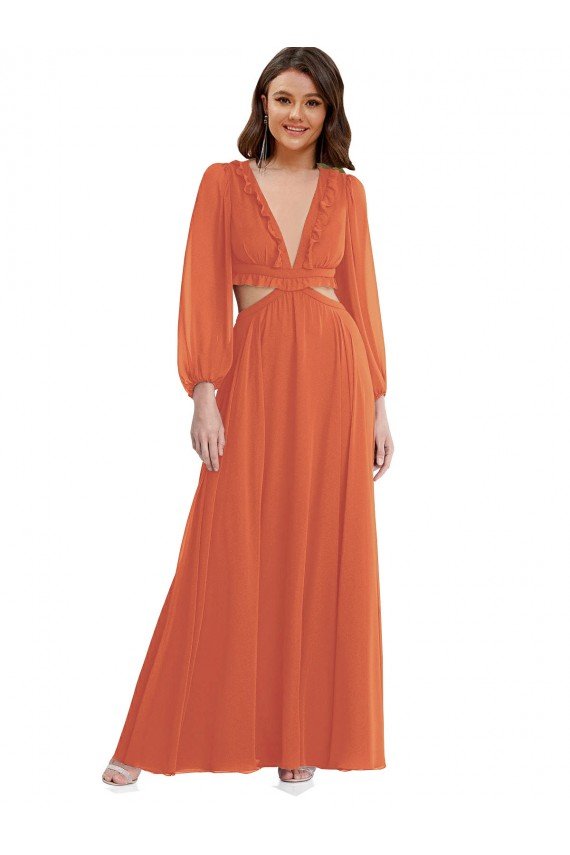 Cheapest High Low Ruffled Long Chiffon Cutout Bishop Sleeves Maxi Bridesmaid Dress UK