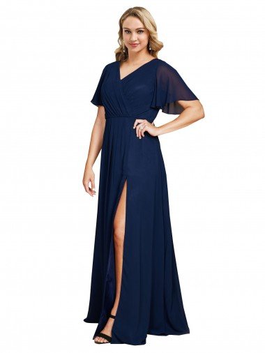 Cheapest Chiffon V-Neck Short Sleeves Long Formal Bridesmaid Dress / Prom Dress with High Slit UK