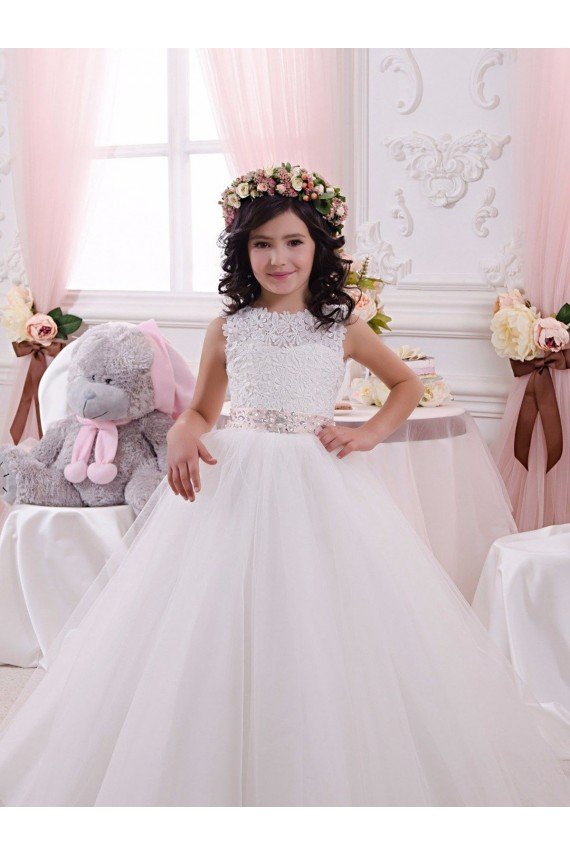 Cheapest Ivory Ball Gown Bateau Chapel Train Sleeveless Flower Girl Dress UK